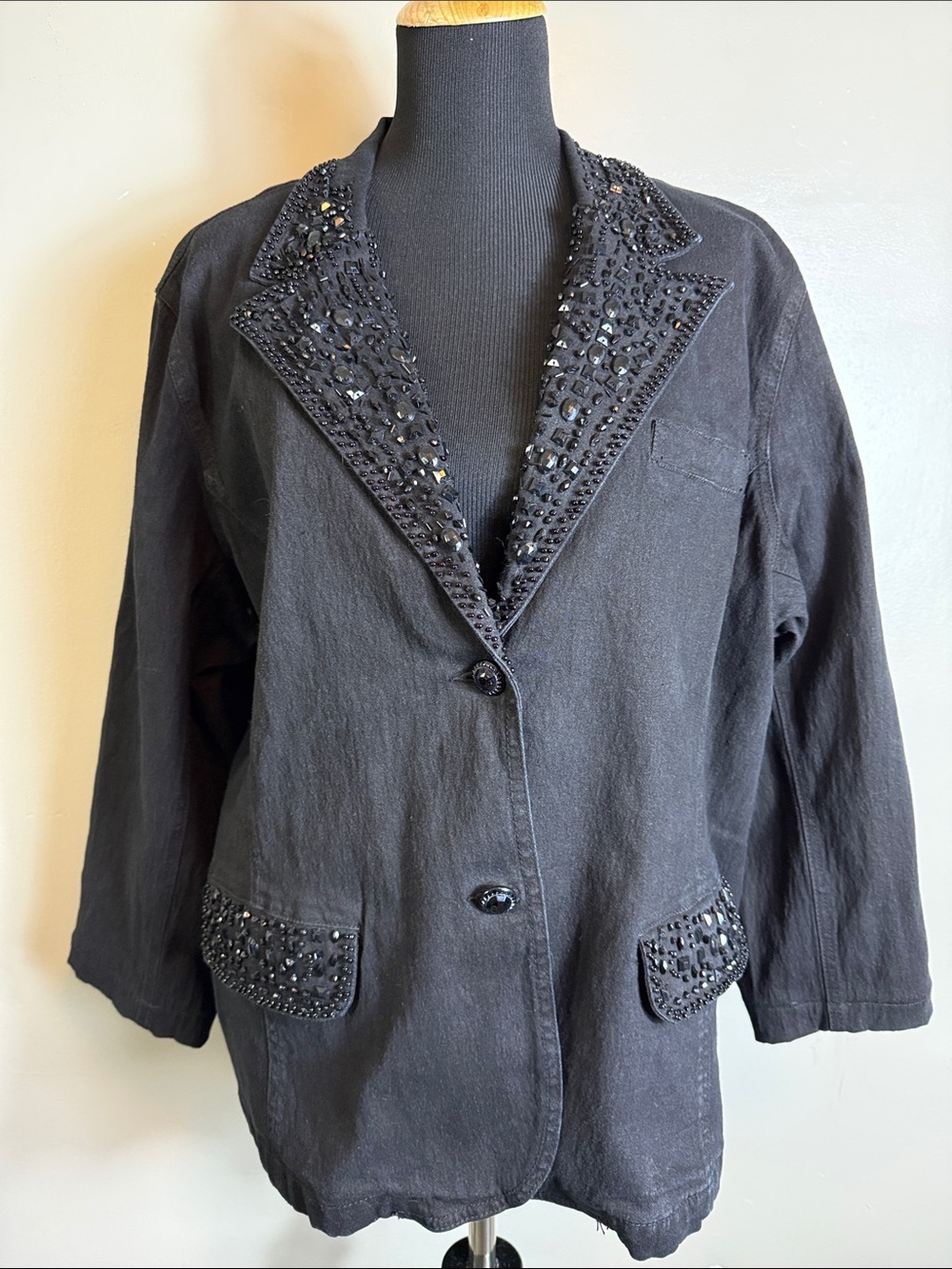 Vintage DG2 Diane Gilman Black Stretch Denim Rhinestone Blazer Jacket Sz 2X